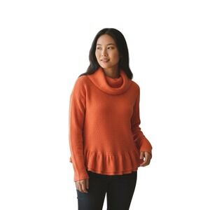 Maeve Anthropologie Small Red Orange‎ Waffle Knit Cowl Neck Peplum Long Sleeve